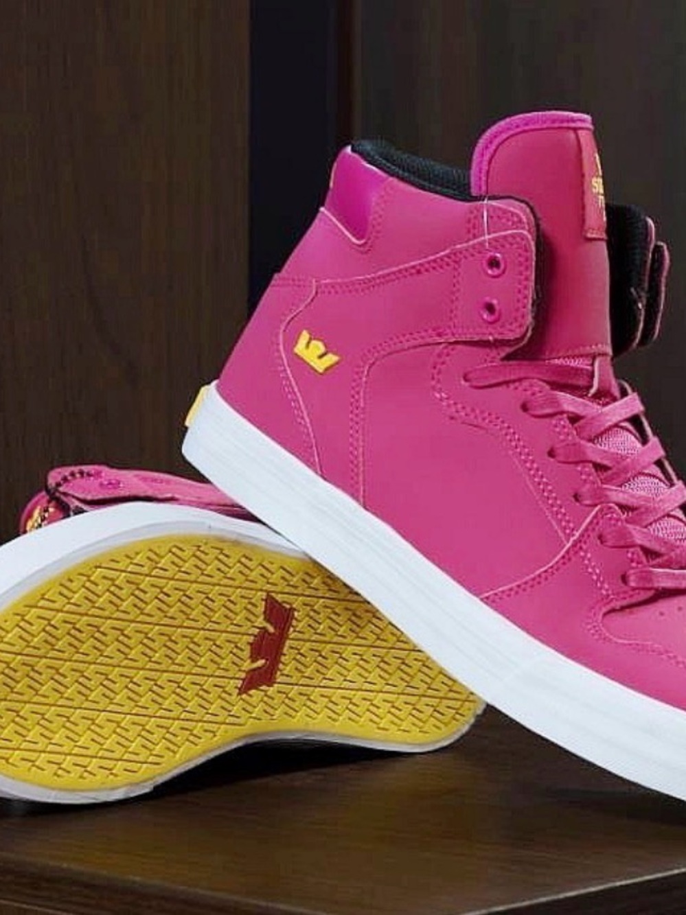 Vaider Supra men’s  High-Top Sneaker in Bright Pink with Yellow Accents